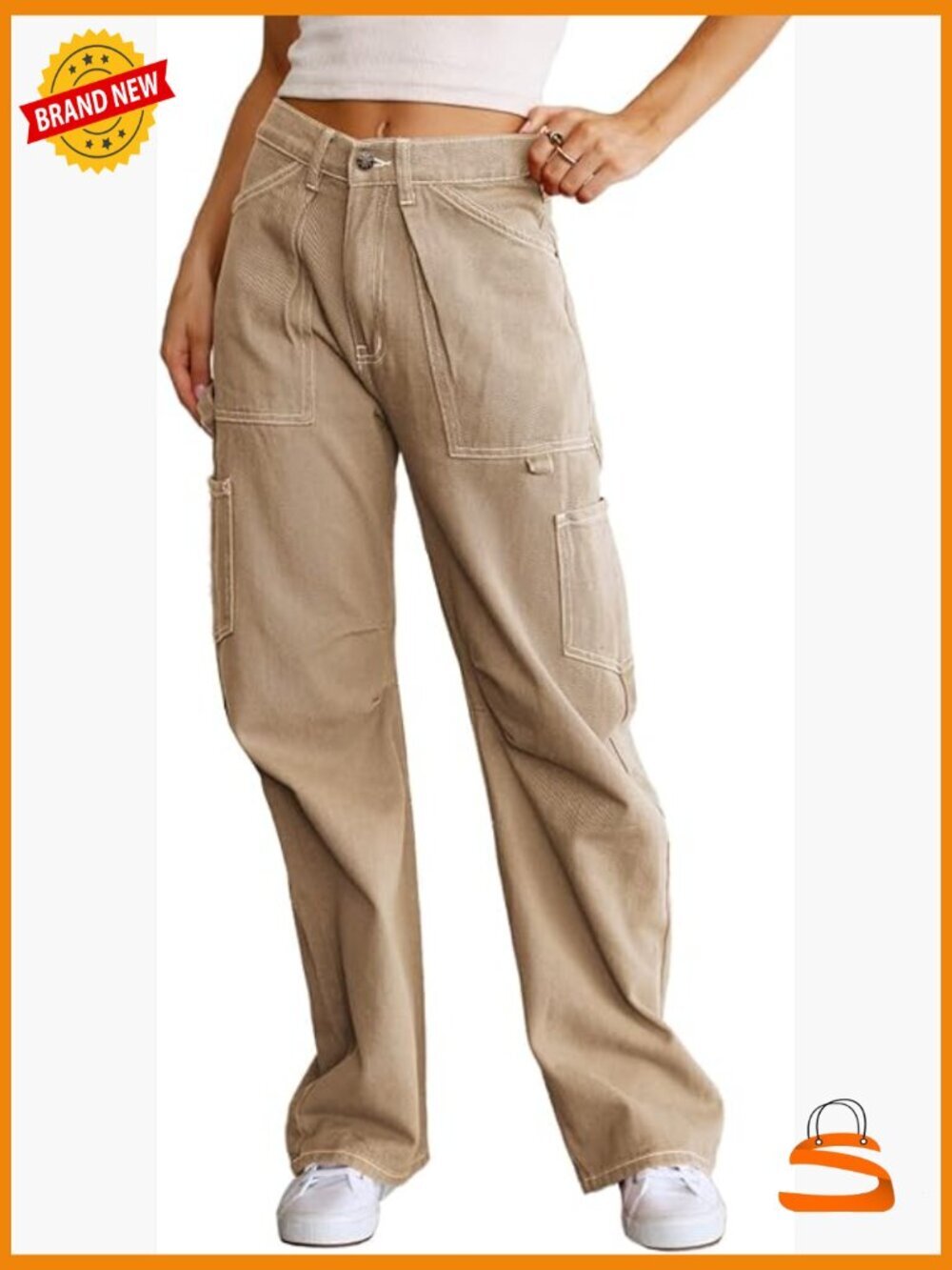High Waisted Cargo Pants with 6 Pockets Wide Leg Casual Trousers